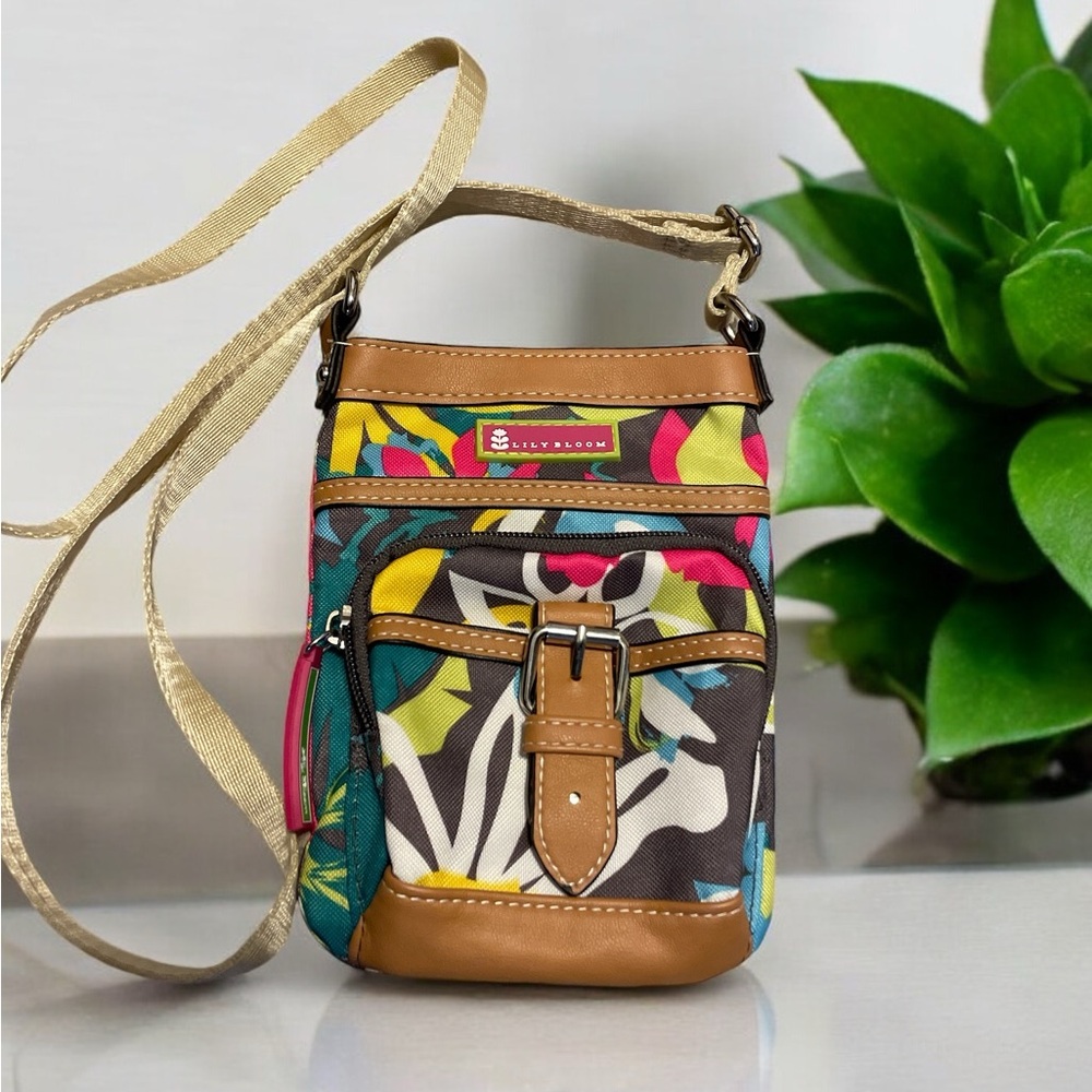Lily Bloom Floral Hawaiian Print Tan Trim Mini Crossbody